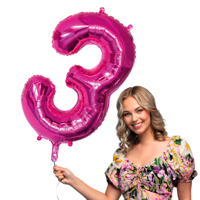 Pink foil balloon shaped like the number 3.