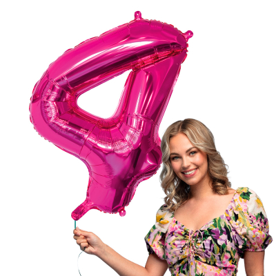 Pink foil balloon in the shape of the numeral 4.