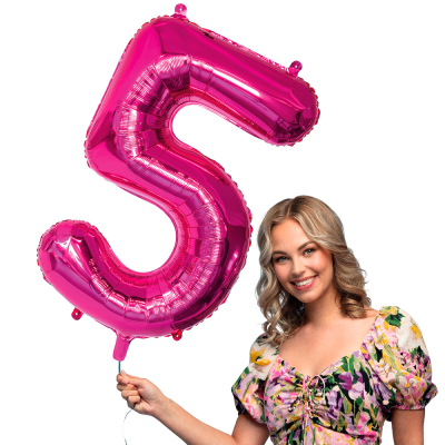Pink foil balloon in the shape of the numeral 5.