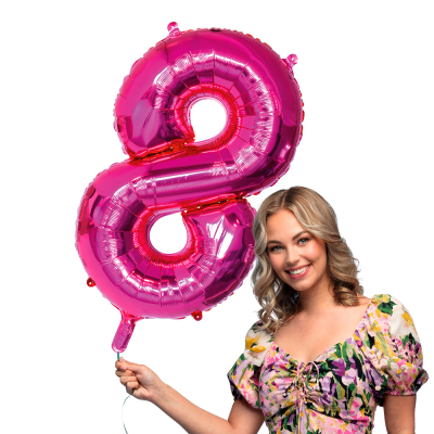 Pink foil balloon in the shape of the numeral 8.