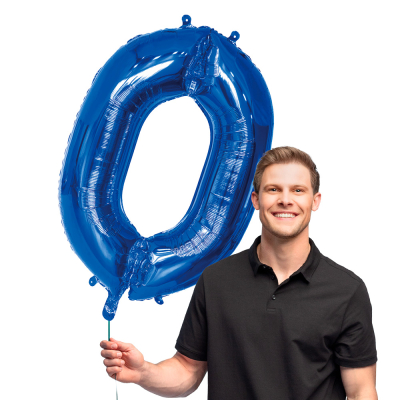 Blue foil balloon in the shape of the numeral 0.