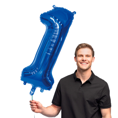 Blue foil balloon in the shape of the number 1.