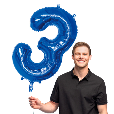 Blue foil balloon shaped like the number 3.