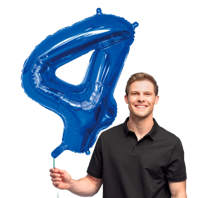 Blue foil balloon in the shape of the numeral 4.