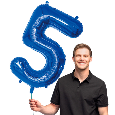 Blue foil balloon in the shape of the numeral 5.