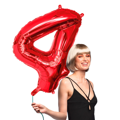 Red foil balloon in the shape of the numeral 4.