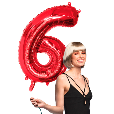 Red foil balloon in the shape of the numeral 6.