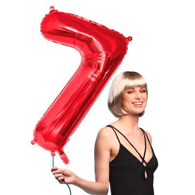 Red foil balloon in the shape of the numeral 7.