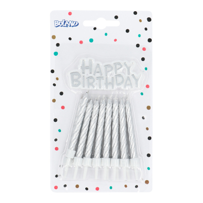 Packaging of silver Happy Birthday cake decoration set including 16 candles with holder and a cake topper