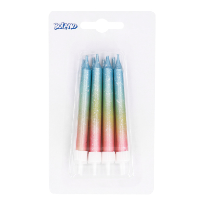 8 ombre effect multicoloured pastel candles on white holders