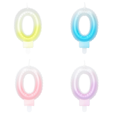 4 cake candles in pastel colours and shaped like 0 with a toothpick. The colours are yellow, blue, pink and lilac and have a colour gradient to white.