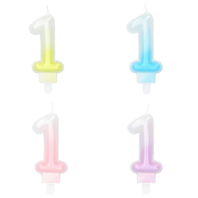 4 cake candles in pastel colours and in the shape of a 1 with a toothpick. The colours are yellow, blue, pink and lilac and have a gradient to white.