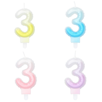 4 cake candles in pastel colours and in the shape of a 3 with a toothpick. The colours are yellow, blue, pink and lilac and have a gradient to white.