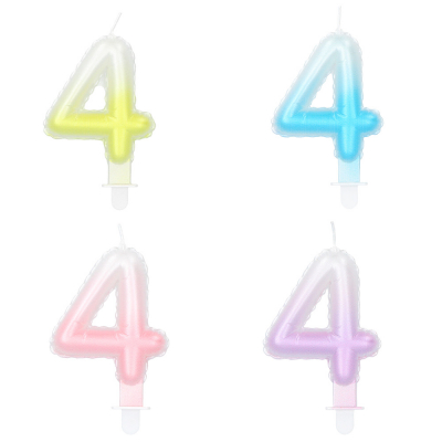 4 Tortenkerzen in Pastellfarben und in Form einer 4 mit Zahnstocher. Die Farben sind gelb, blau, rosa und lila und haben einen Farbverlauf zu wei�.