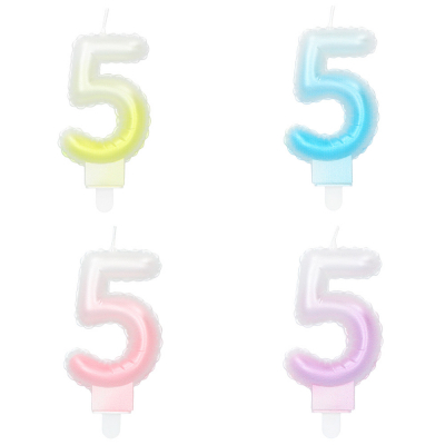 4 cake candles in pastel colours and in the shape of a 5 with a toothpick. The colours are yellow, blue, pink and lilac and have a gradient to white.