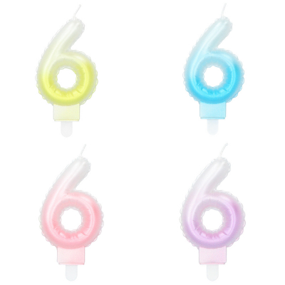 4 cake candles in pastel colours and in the shape of a 6 with a toothpick. The colours are yellow, blue, pink and lilac and have a gradient to white.