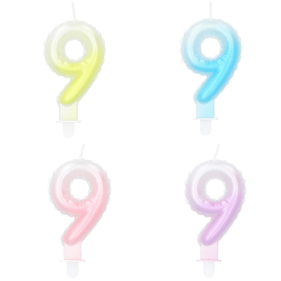 4 cake candles in pastel colours and in the shape of a 9 with a toothpick. The colours are yellow, blue, pink and lilac and have a gradient to white.