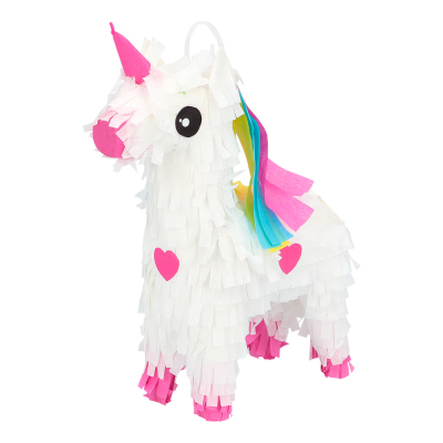 A small white unicorn pi�ata with rainbow-coloured mane and pink hearts, paws, nose and horn.