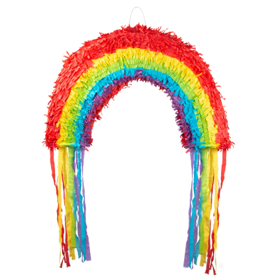 Piñata in the shape of a rainbow with coloured strings.