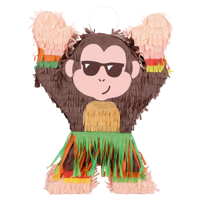 A cheerful pi�ata that looks like a hula dancing monkey with sunglasses on, hands up and a hawaii skirt on.