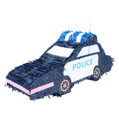 Pi�ata of a cool blue police car with flashing light and loop to hang the pi�ata from.