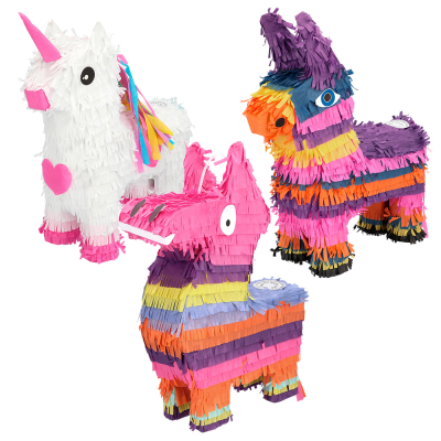 An assortment of medium pi�atas consisting of a white unicorn, a colourful donkey and multicoloured llama pi�ata