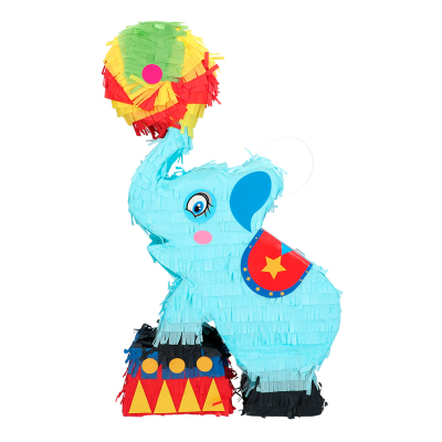 Pi�ata eines liebenswerten blauen Zirkuselefanten, der mit seinem R�ssel einen gr�nen gelben Ball hochh�lt und mit seinen Vorderpfoten auf einer Bank steht.