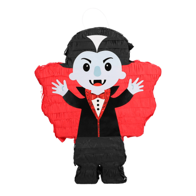 Pi�ata of a funny vampire with fangs and red cape, trying to scare someone.