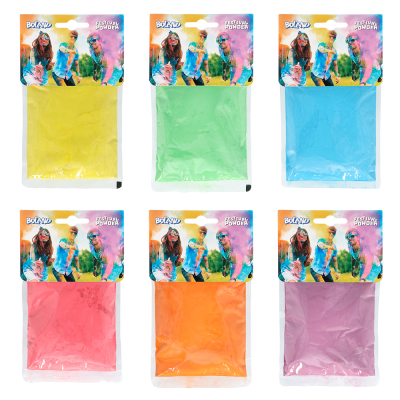 6 verpakkingen van festival kleurpoeder in de kleuren geel, groen, blauw, roze, oranje en paars.