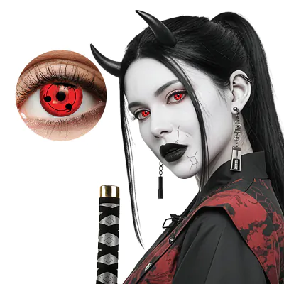 A woman is dressed as a demon samurai ninja and has black devil horns, white make-up and red scary contact lenses in for a complete outfit.