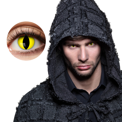 Eye with Halloween lens in yellow with black in cat eye shape.