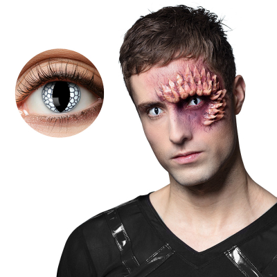 Eye with Halloween lens in white with reptile scales and black, elongated pupil and dragon skin around the eye.