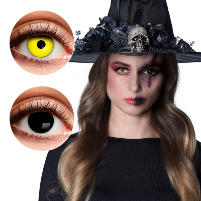 Oog met zwarte Halloween lens en een oog met een gele Halloween lens.