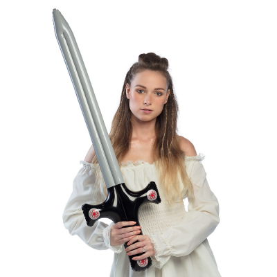 Woman with inflatable knight's sword. 