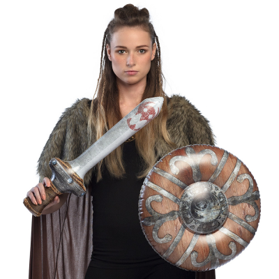 Viking woman with inflatable sword and shield.