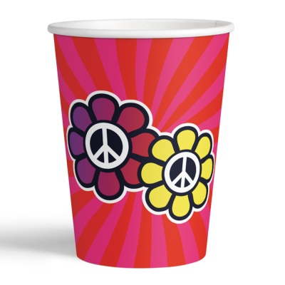 Paper cup with flower power print and peace sign.
