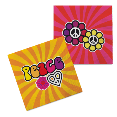 Paper napkins with a print of the word peace on yellow/orange background on one side. On the other side is a pink/red background with print of 2 flower power flowers.