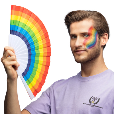 Pride fan in rainbow colours with white handle.