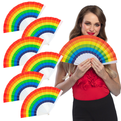 6 Pride fans in rainbow colours with white handle.