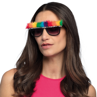 Woman wears black party glasses with rainbow plush and diamonds.