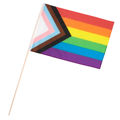 Progress-Handflagge aus Polyester im Format 30 x 45 cm mit Regenbogenfarben und dem Progress-Dreieck auf der linken Seite. Die Flagge ist an einem 76 cm langen Holzmast befestigt.