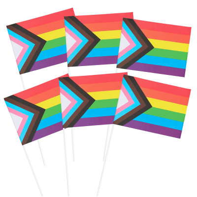 6 drapeaux progressistes en papier mesurant 20 x 14 cm avec les couleurs de l'arc-en-ciel et le triangle du progrès. Les drapeaux sont attachés à un bâton en plastique blanc de 40 cm.