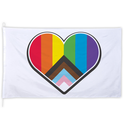 White polyester Progress flag measuring 2 x 3 metres with a colourful heart in rainbow colours and with a Progress triangle.