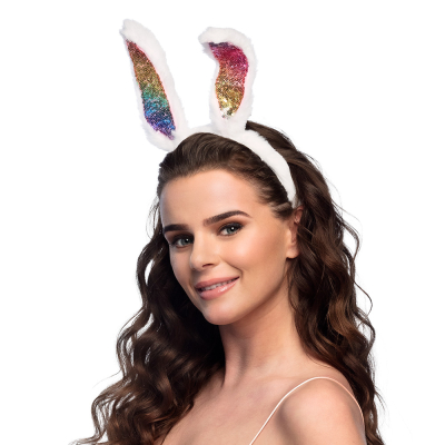 White plush tiara with bunny ears decorated with rainbow-coloured sequins.