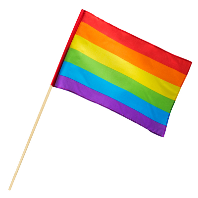 Eine wehende Regenbogenflagge aus Polyester mit einem Holzstab.