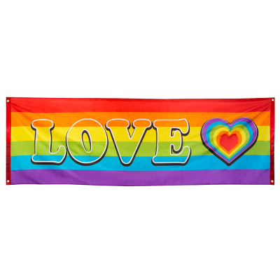 Een polyester banner in de kleuren van de regenboog met in grote letters het woord LOVE met ernaast een regenboog hartje.