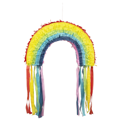Piñata shaped like a rainbow with coloured strings.