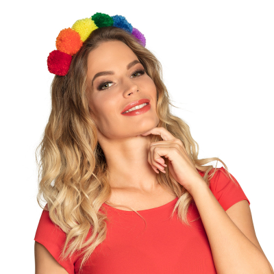 Haarband met vrolijke stoffen pompoms in de kleuren van de regenboog.