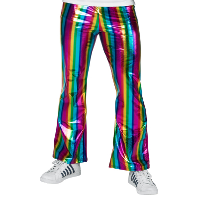 Legs of a man wearing shiny holographic rainbow-coloured trousers and white trainers underneath.