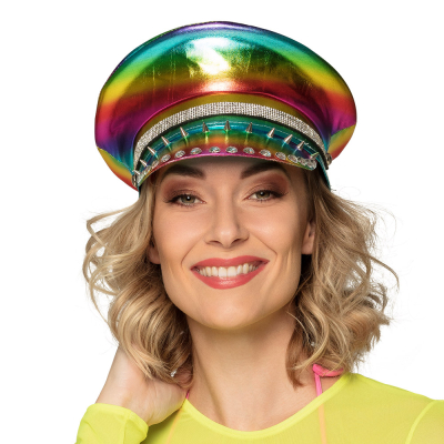 A holographic rainbow-coloured captain's cap with shiny stones and silver spikes on the cap.